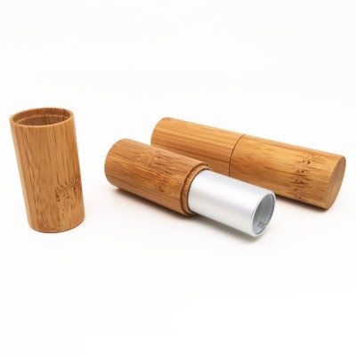 Wholesale eco friendly bamboo outer aluminum inner lipstick round container lip balm empty tube for cosmetic use